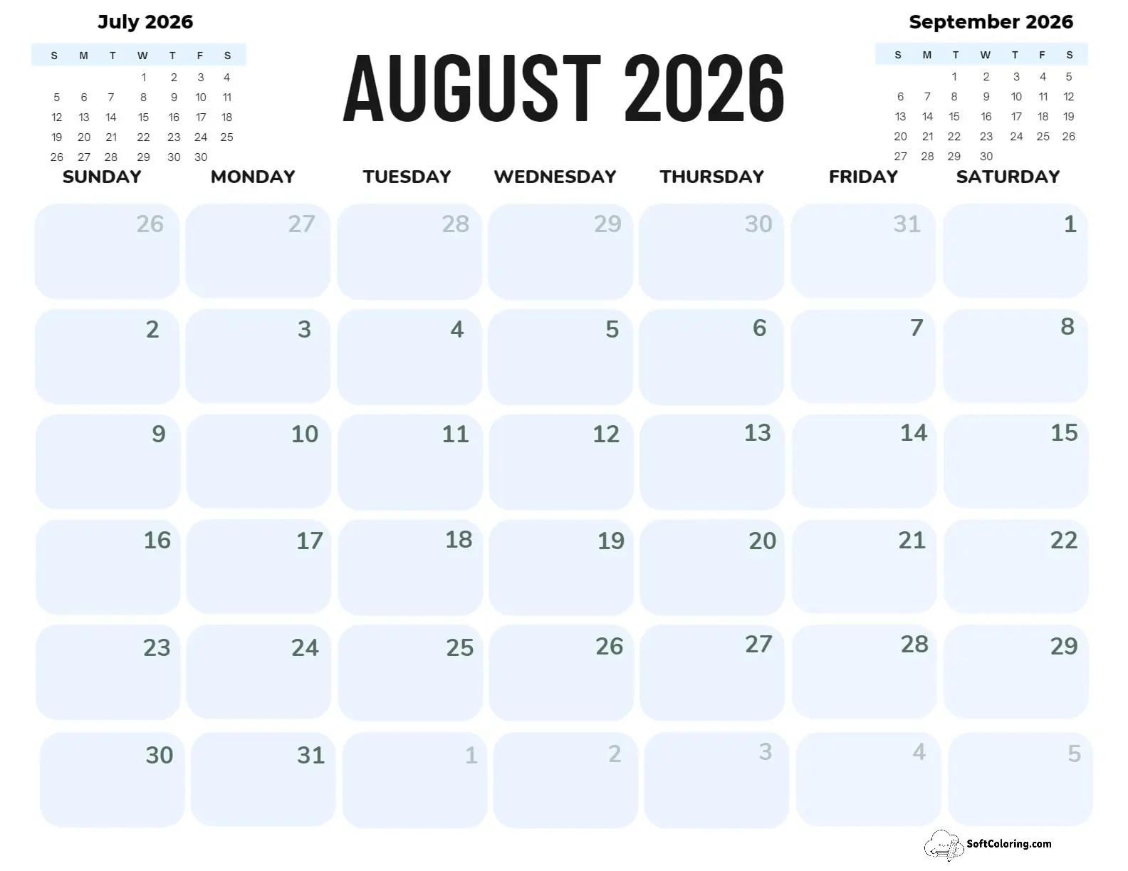 August 2026 Calendar Printable Corporate Landscape