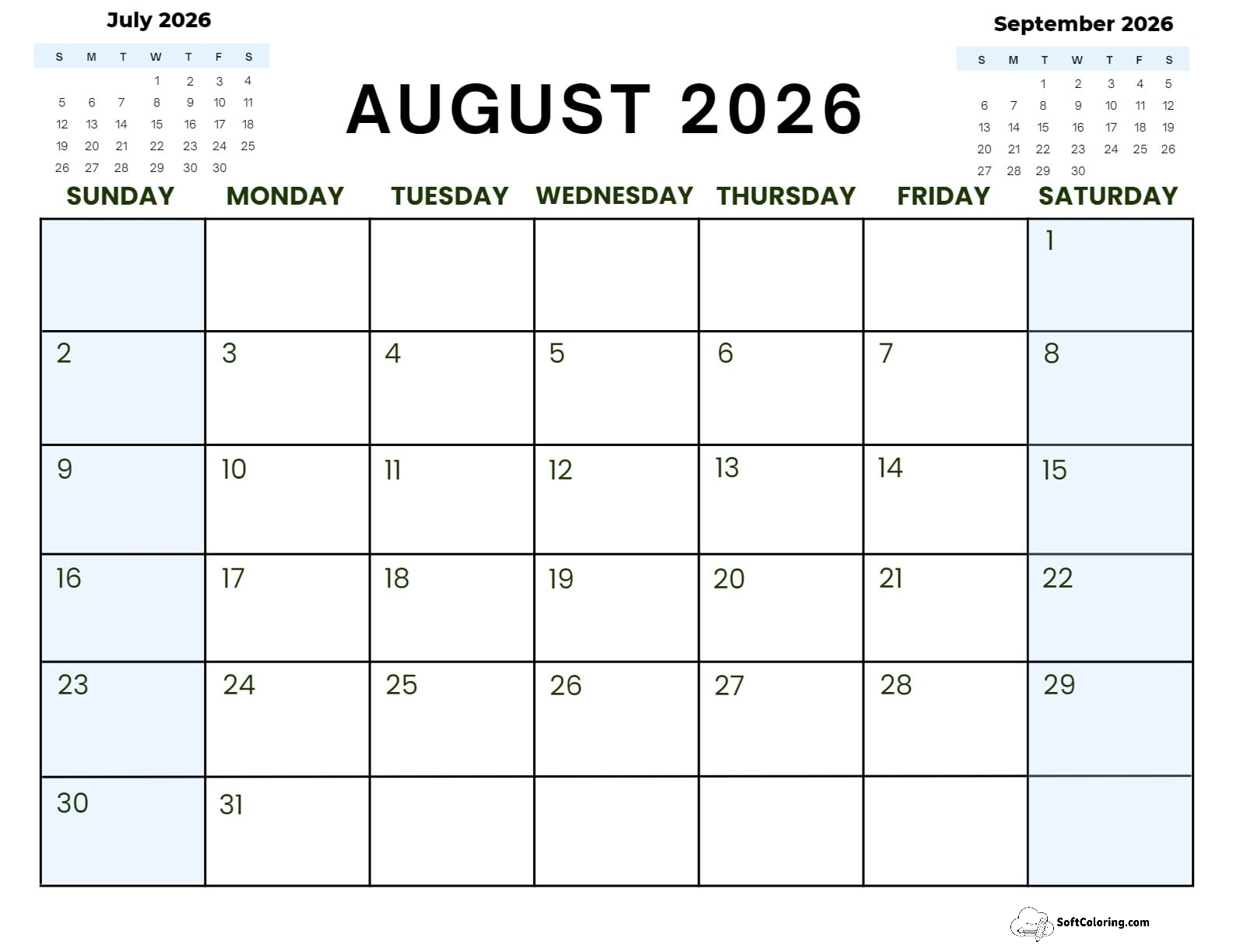 August 2026 Calendar Printable Corporate2 Landscape