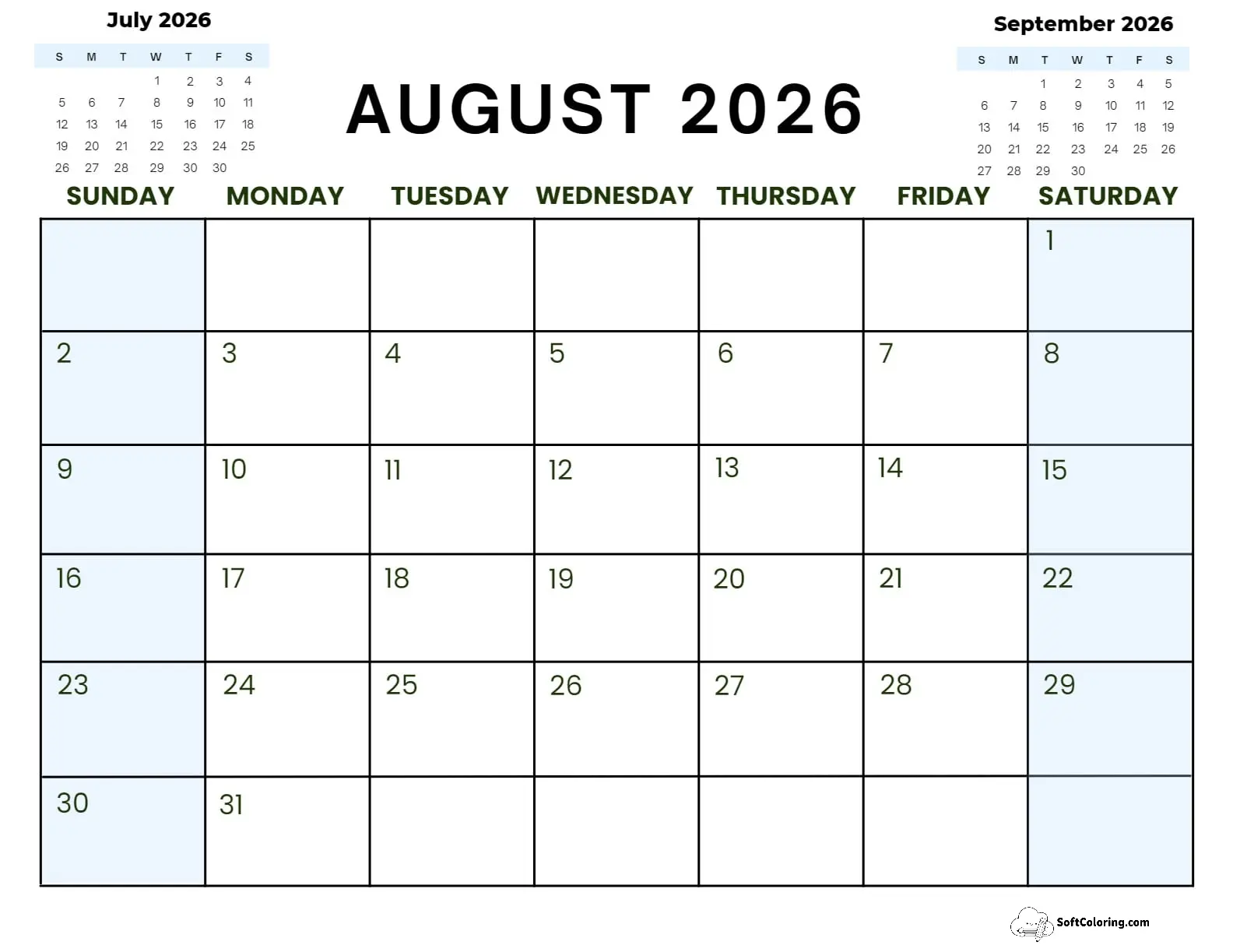 August 2026 Calendar Printable Corporate2 Landscape