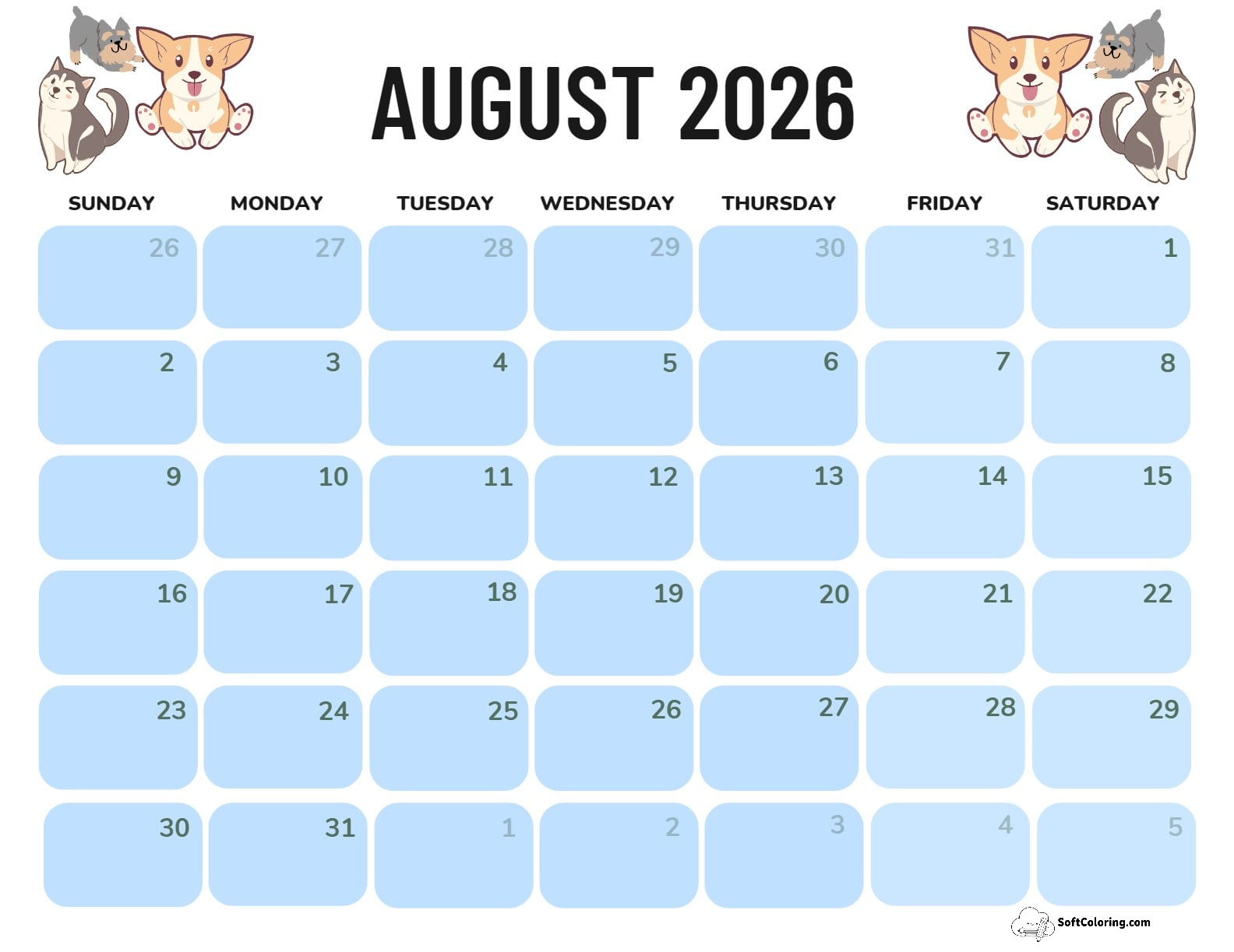 August 2026 Calendar Printable Dogs Landscape
