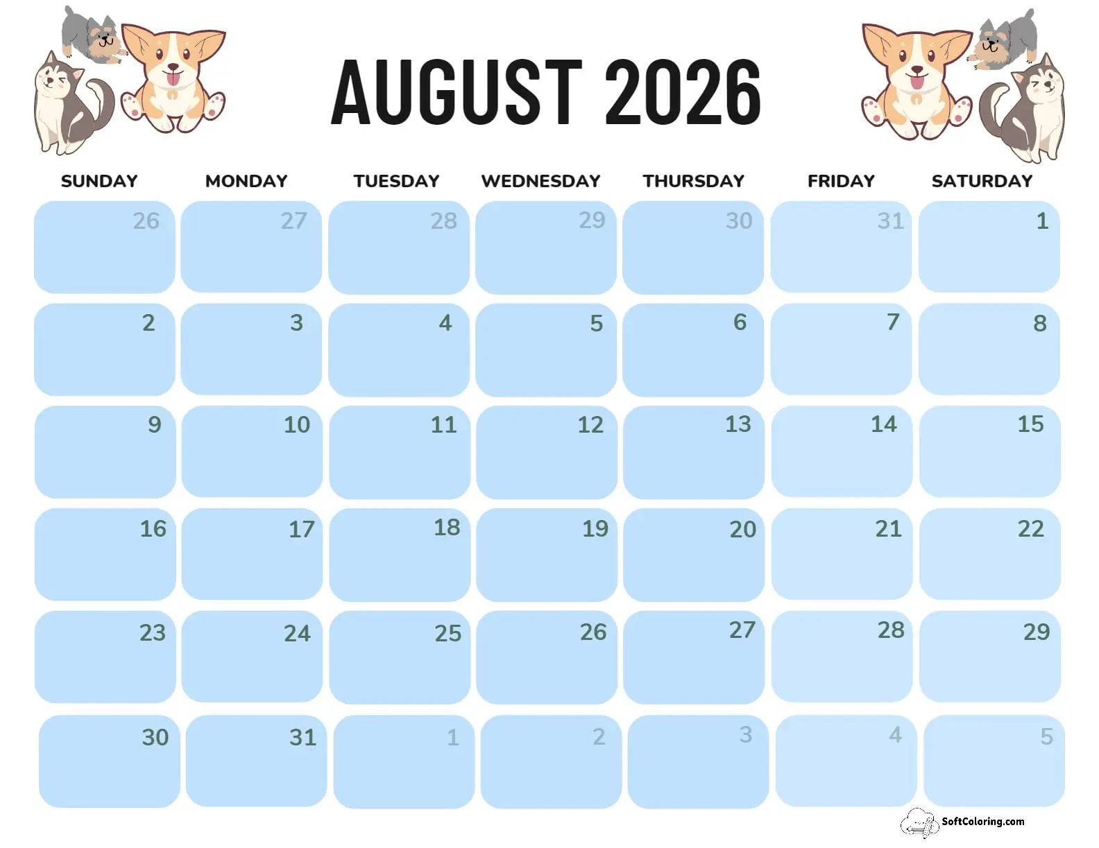 August 2026 Calendar Printable Dogs Landscape