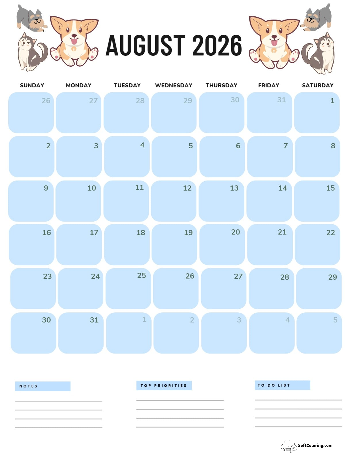 August 2026 Calendar Printable Dogs Portrait