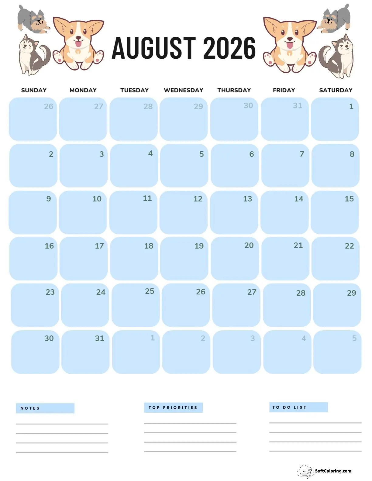 August 2026 Calendar Printable Dogs Portrait