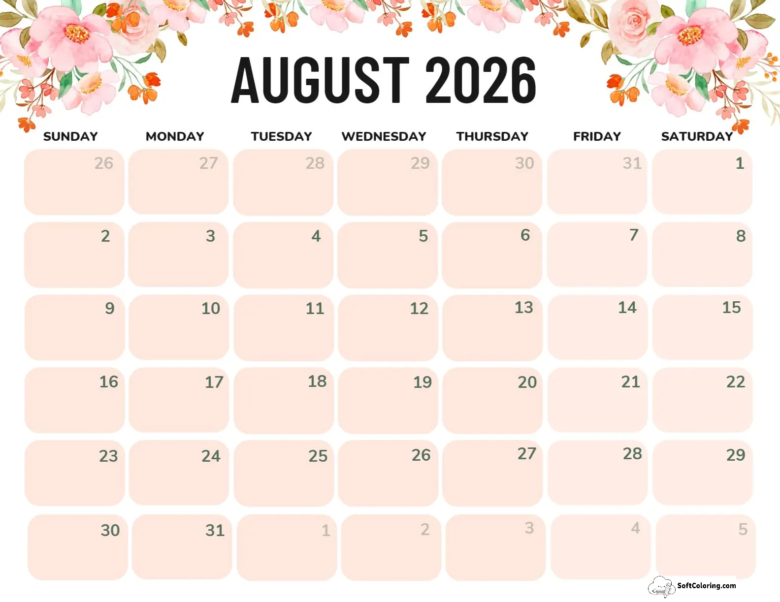 August 2026 Calendar Printable Flowers Landscape