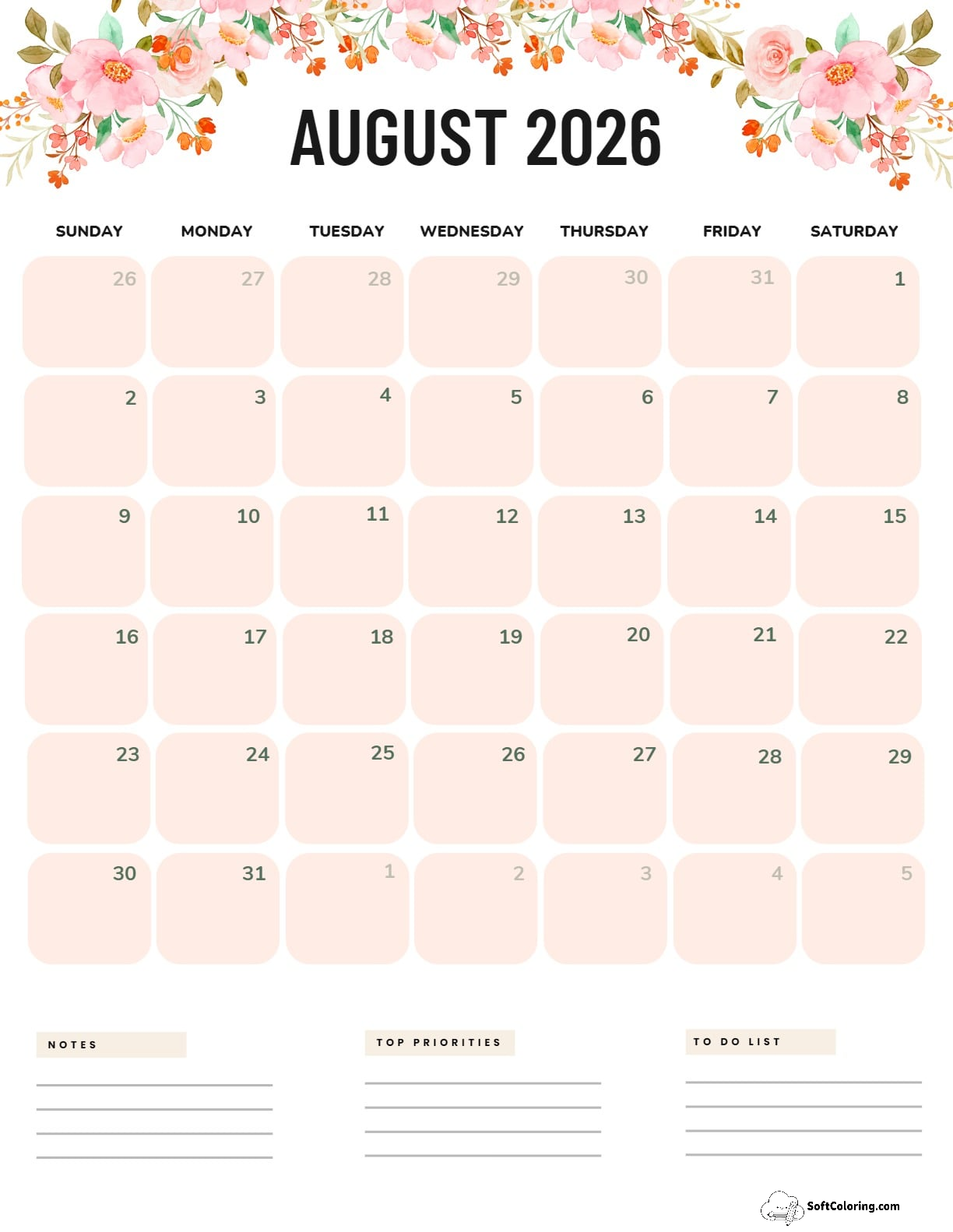 August 2026 Calendar Printable Flowers Portrait