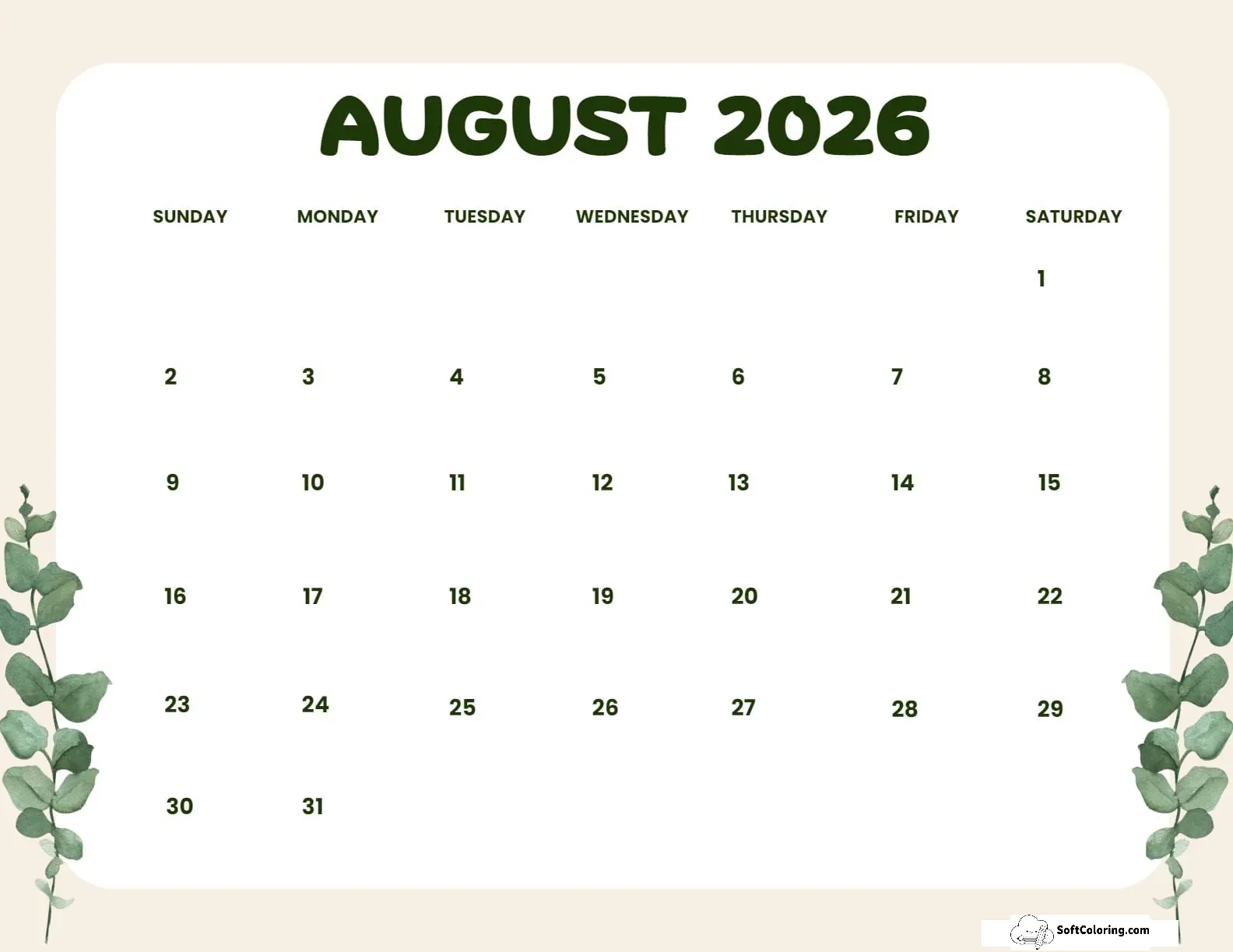 August 2026 Calendar Printable Leaves Landscape