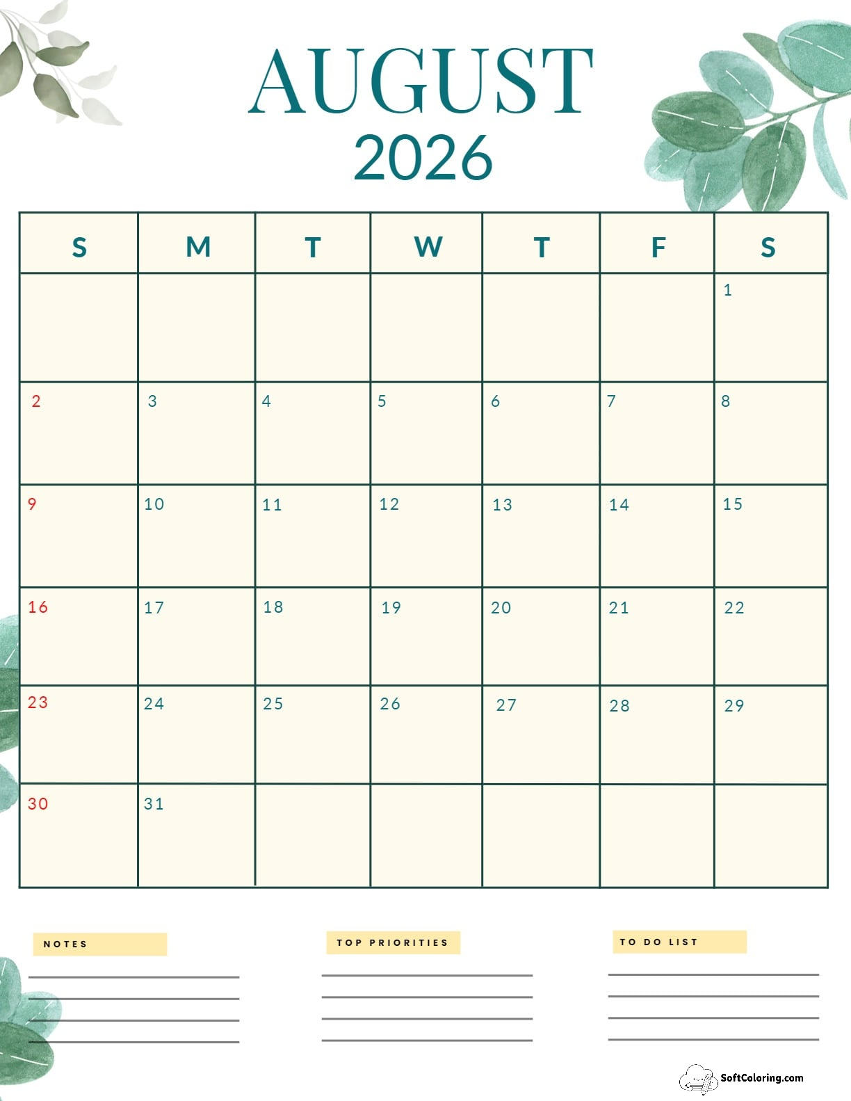 August 2026 Calendar Printable Nature Portrait
