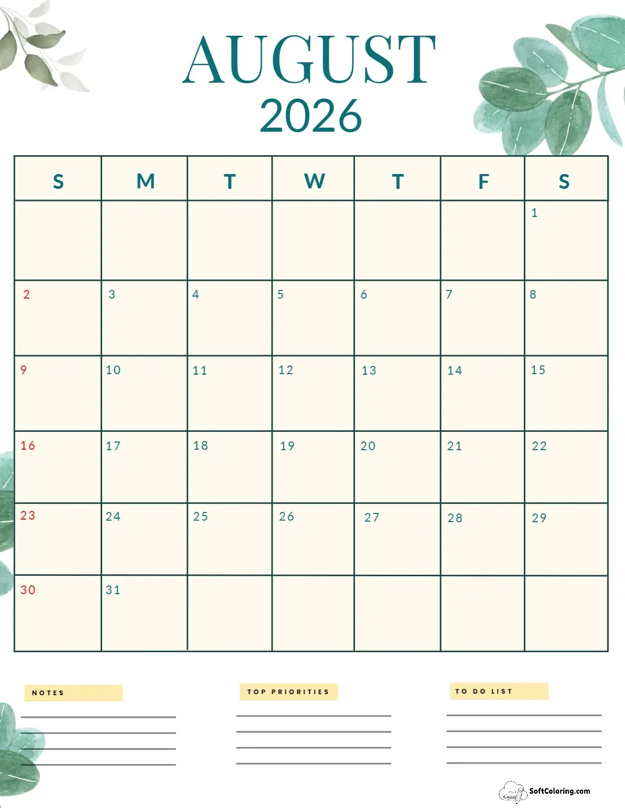 August 2026 Calendar Printable Nature Portrait
