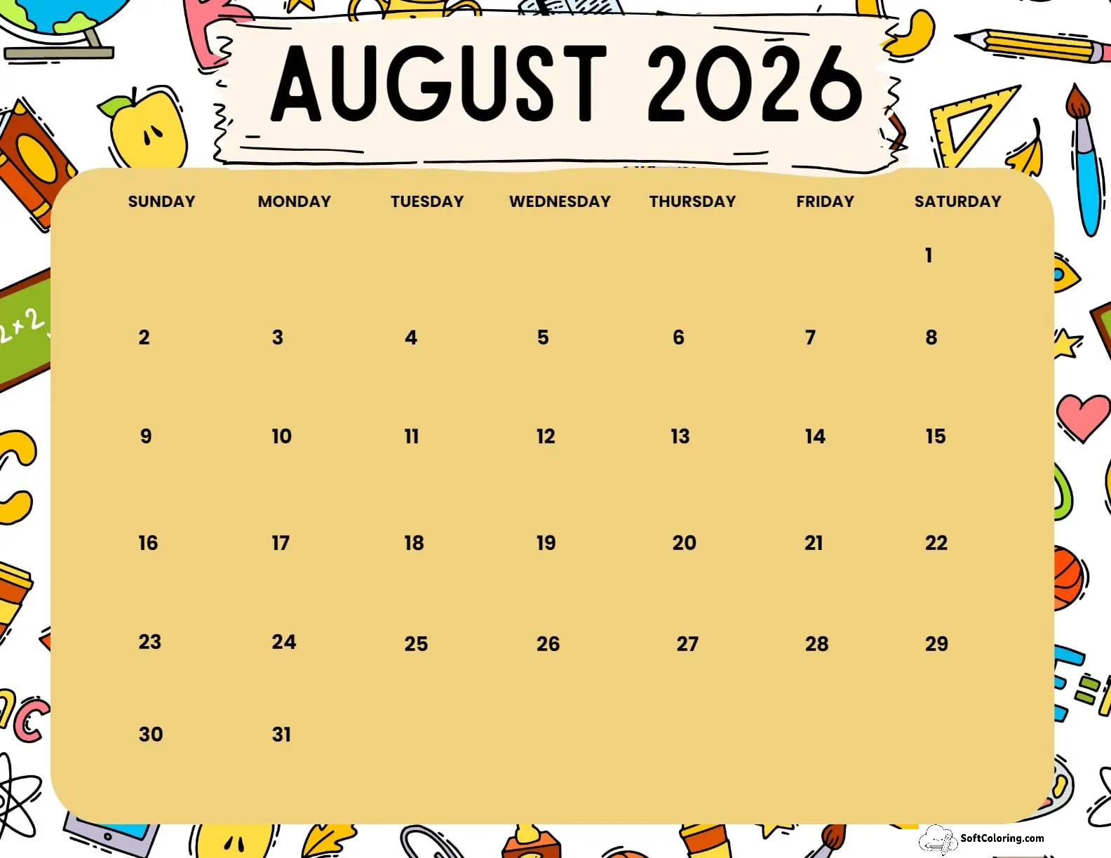 August 2026 Calendar Printable School Landscape