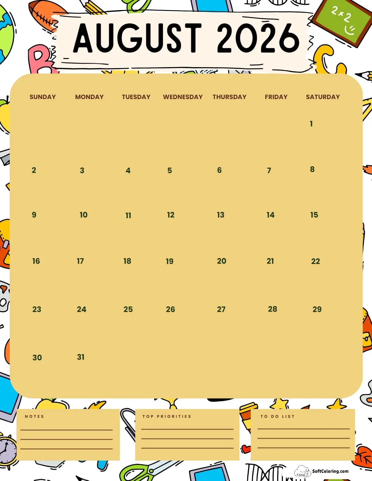 August 2026 Calendar Printable School Portrait
