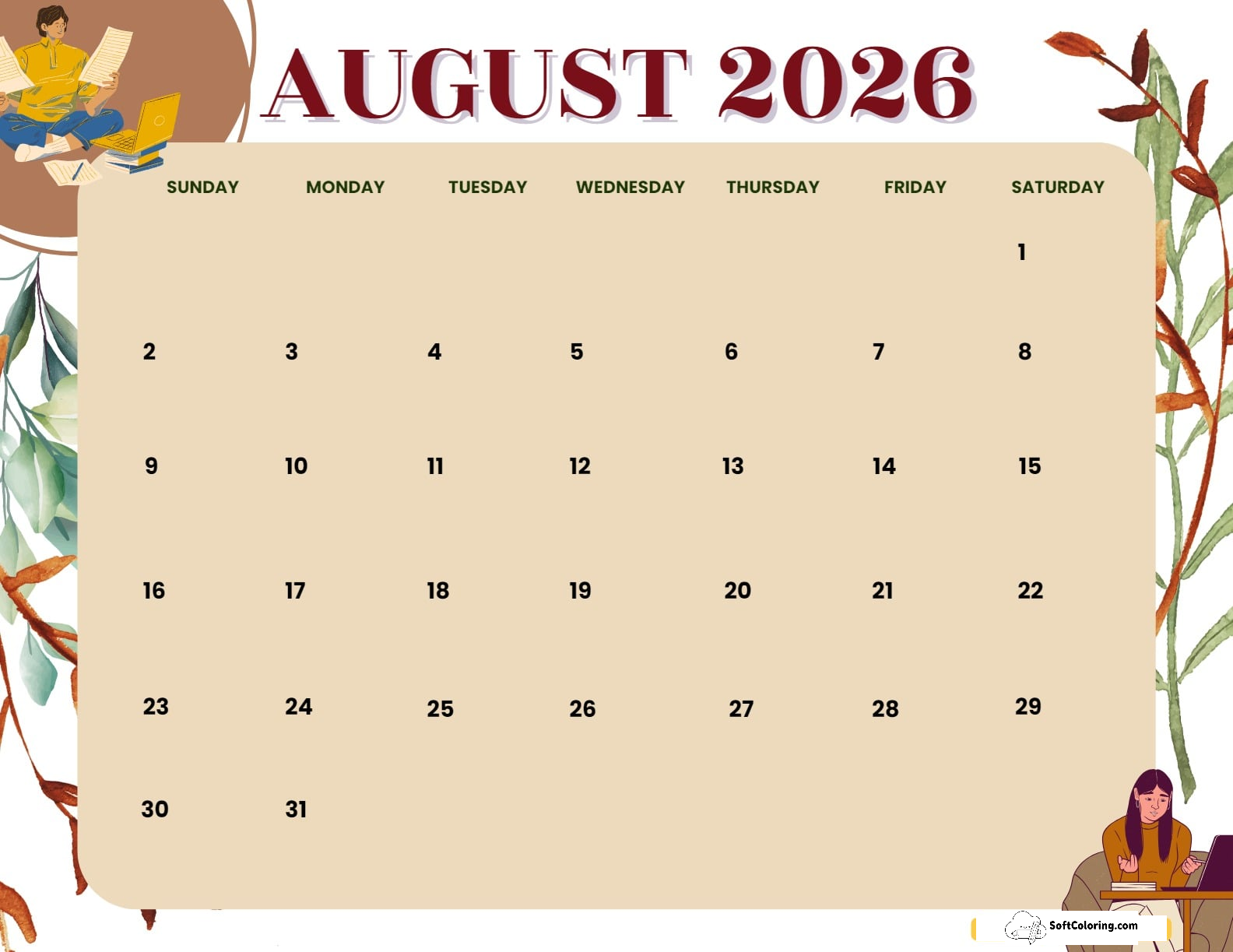 August 2026 Calendar Printable Students Landscape