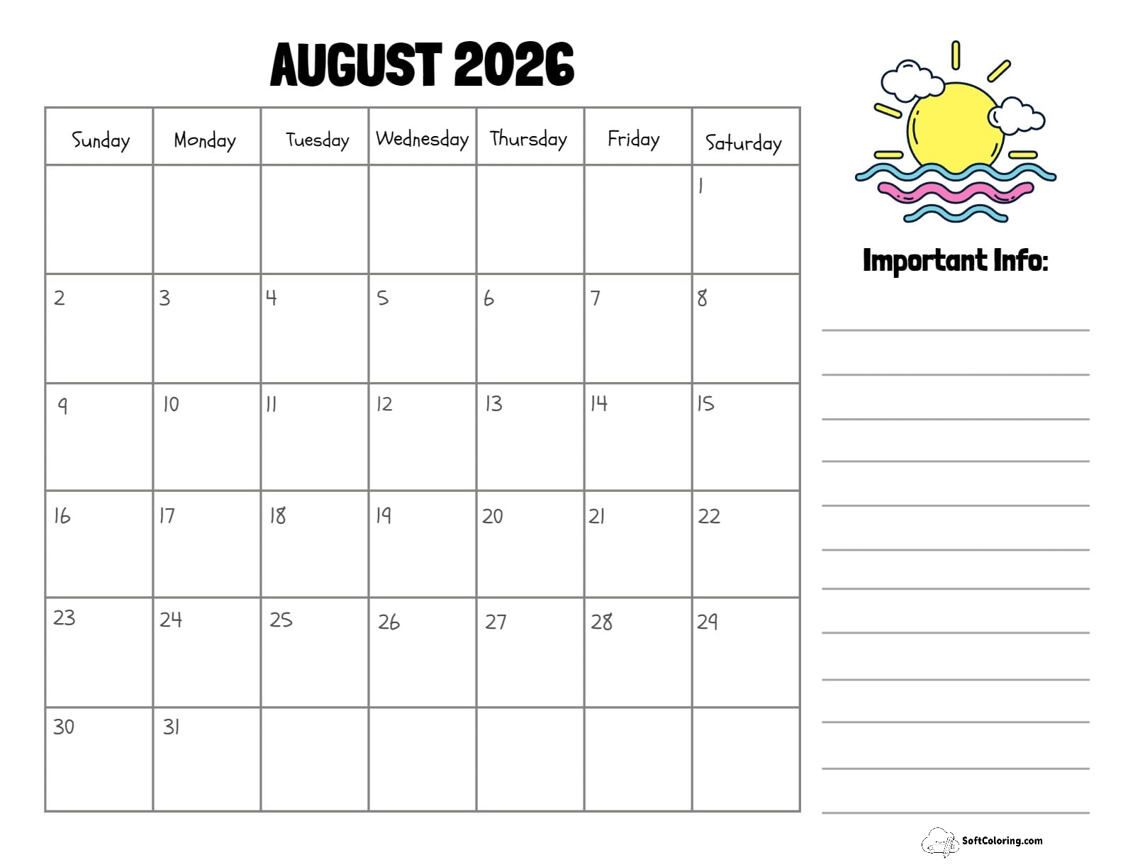 August 2026 Calendar Printable Sun Landscape