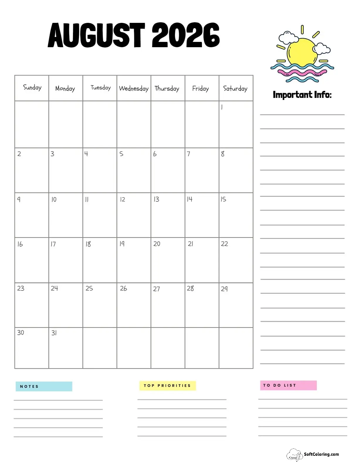 August 2026 Calendar Printable Sun Portrait