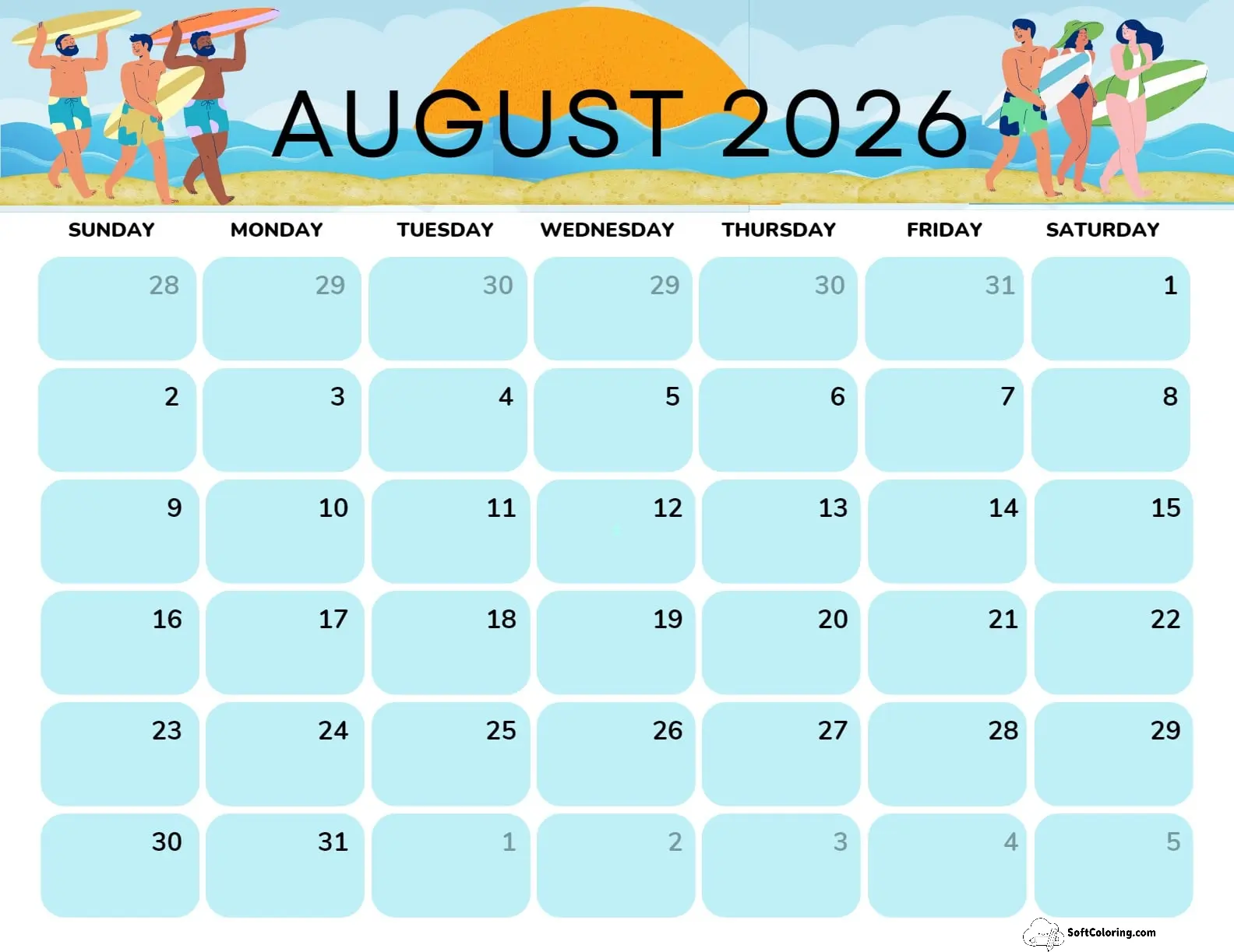 August 2026 Calendar Printable Surfing Landscape