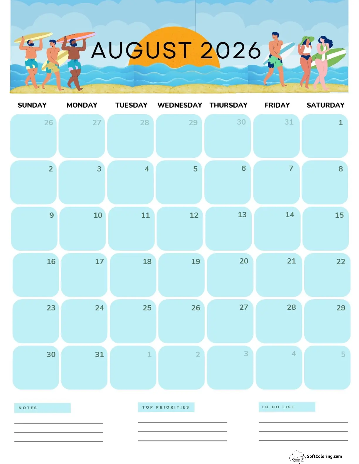 August 2026 Calendar Printable Surfing Portrait