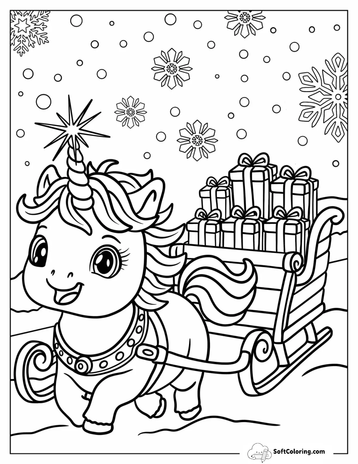 Baby Christmas Unicorn Pulling A Sleigh With Presents