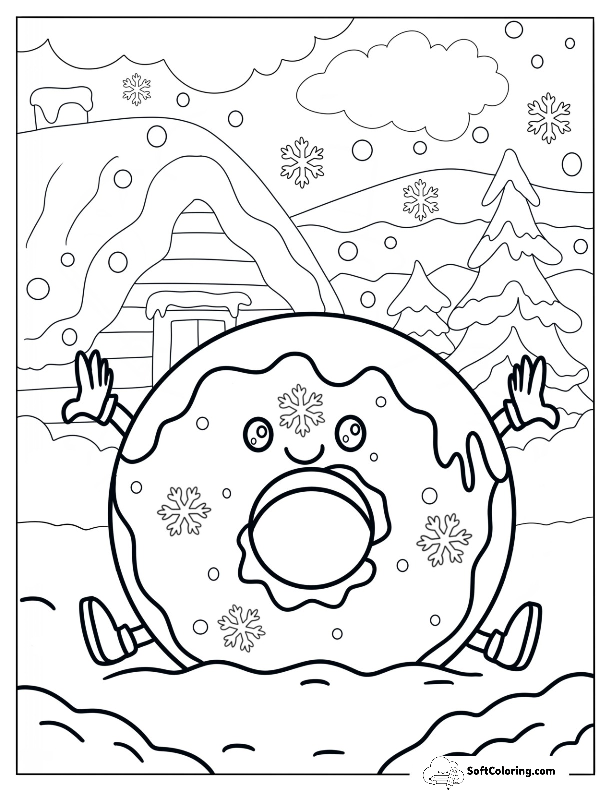 Baby Donut Coloring Page Playing In The Snow On Christmas