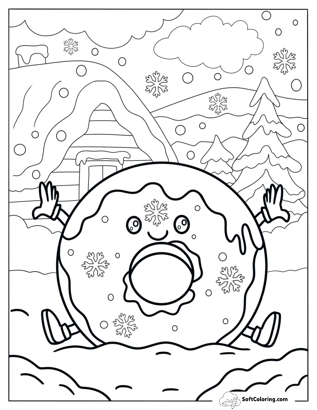 Baby Donut Coloring Page Playing In The Snow On Christmas