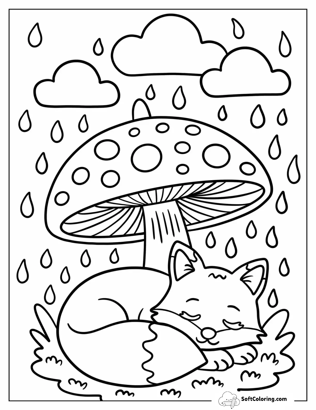 Baby Fox Sheltering From Rain Beneath A Giant Mushroom