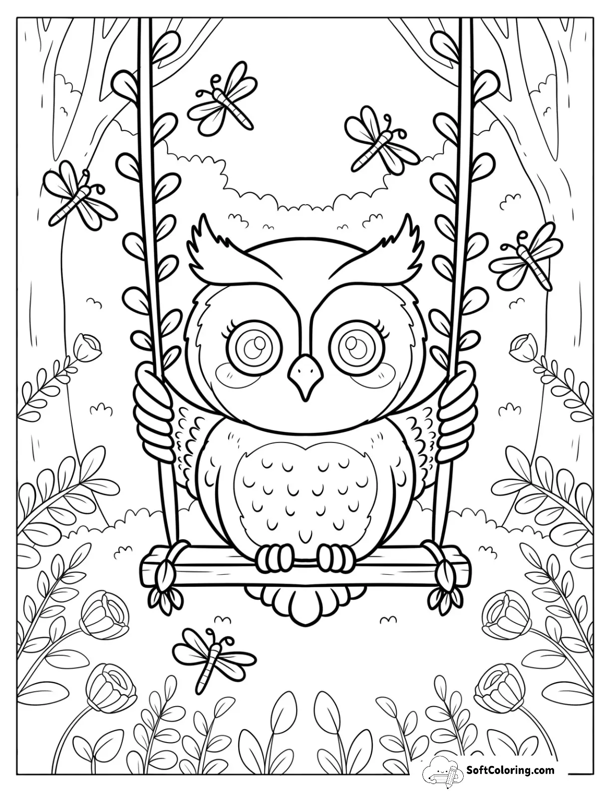 Baby Owl On A Swing With Dragonflies For Kids