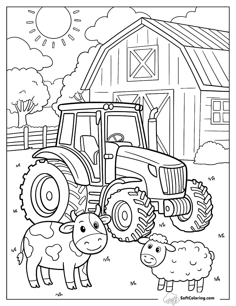 Barnyard Tractor Coloring Page With Friendly Cow And Fluffy Sheep
