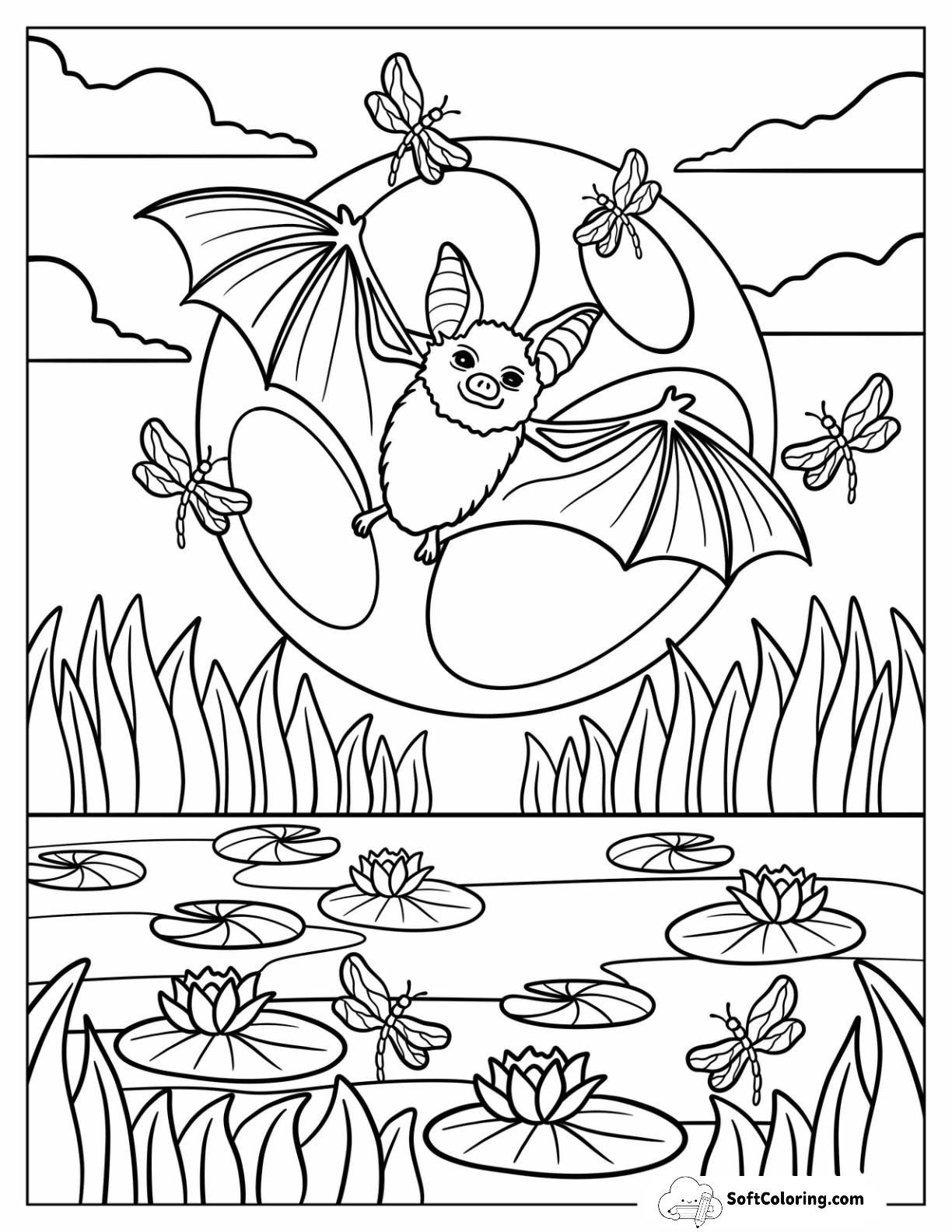 Bat Flying Over A Pond With Lily Pads And Dragonflies
