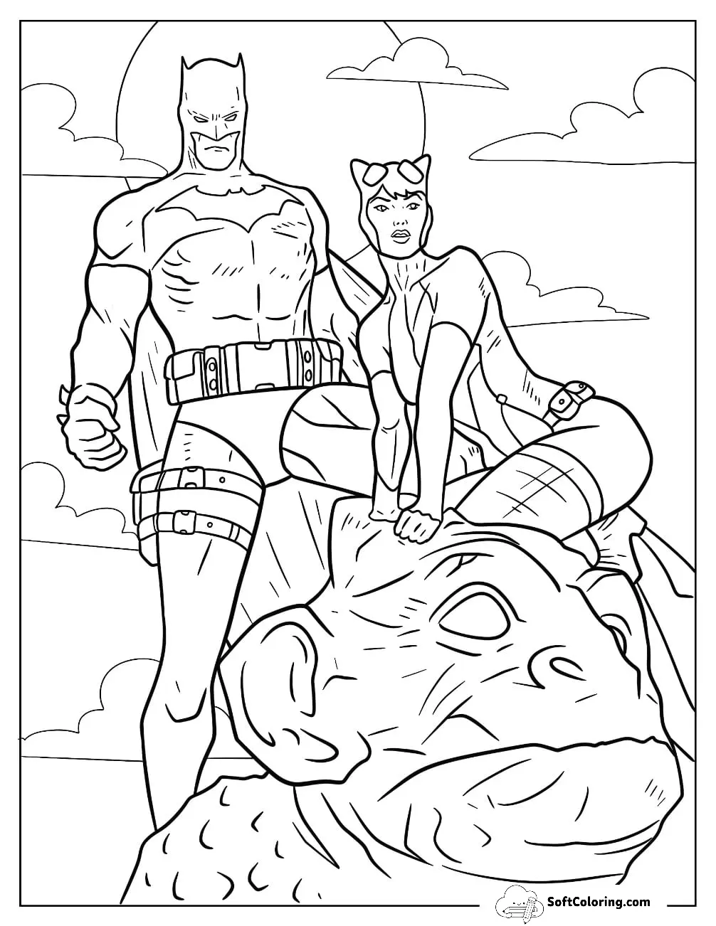 Batman And Catwoman Coloring Page Standing On Top Of Gargoyle