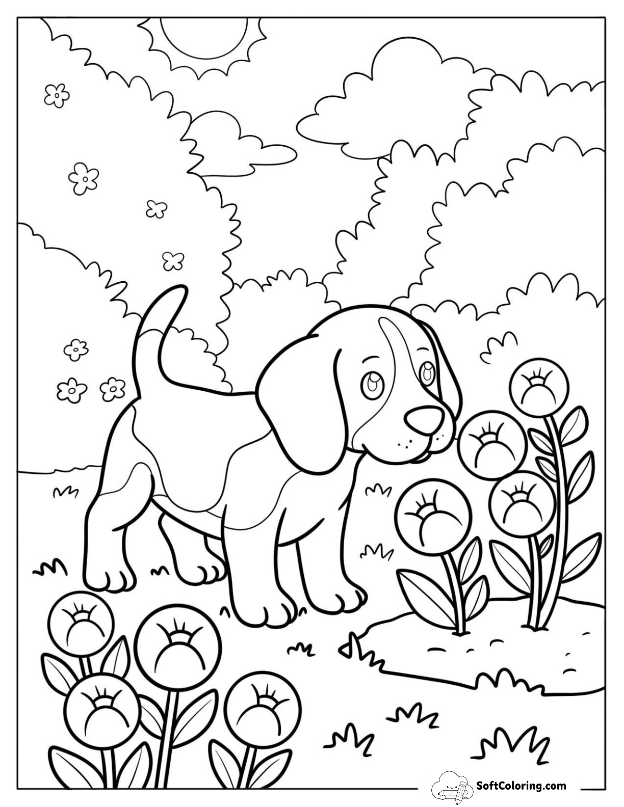 Beagle Puppy Sniffing Blooms In The Backyard