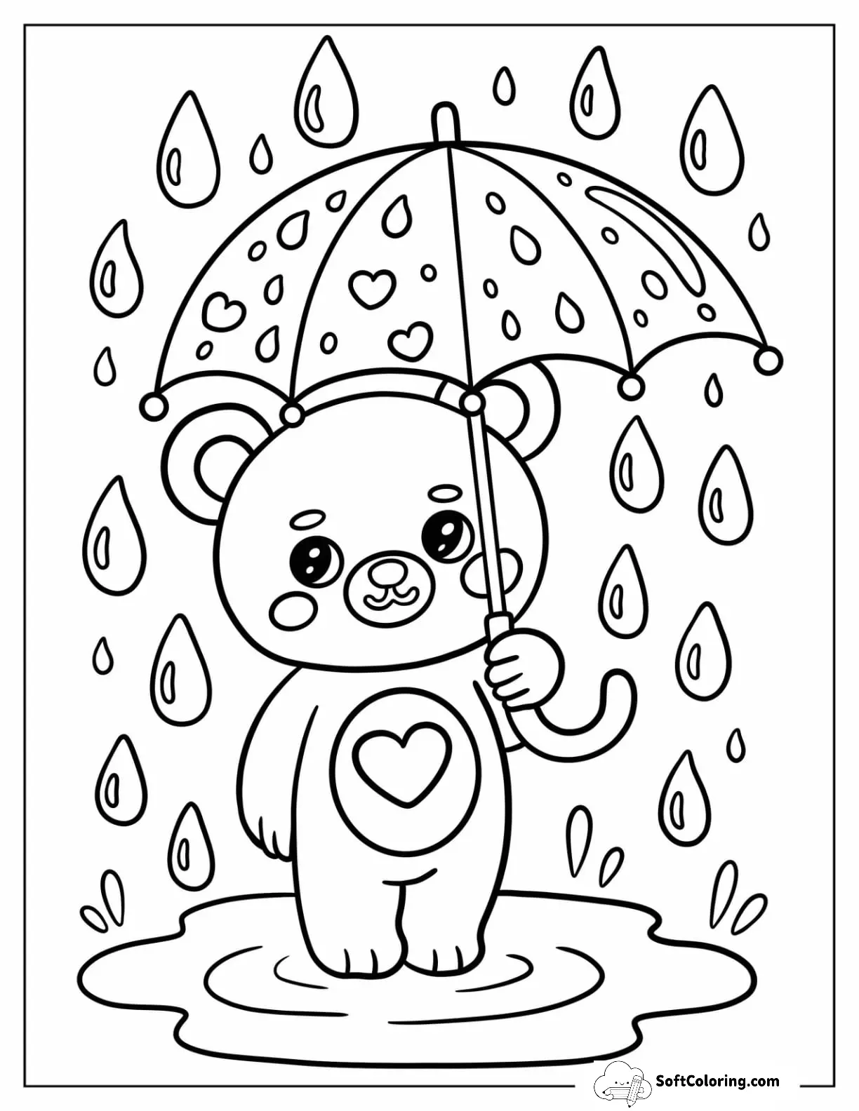 Bear Standing In Puddle Holding Heart Umbrella In The Rain