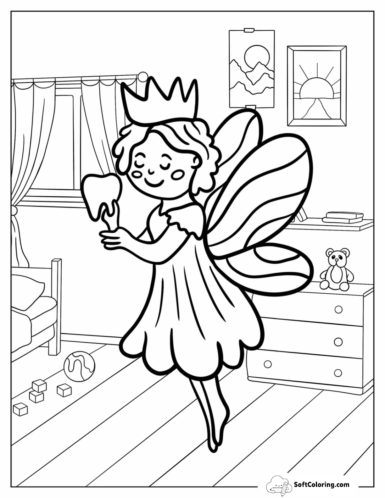 Beautiful Tooth Fairy Coloring Page Holding A Tooth
