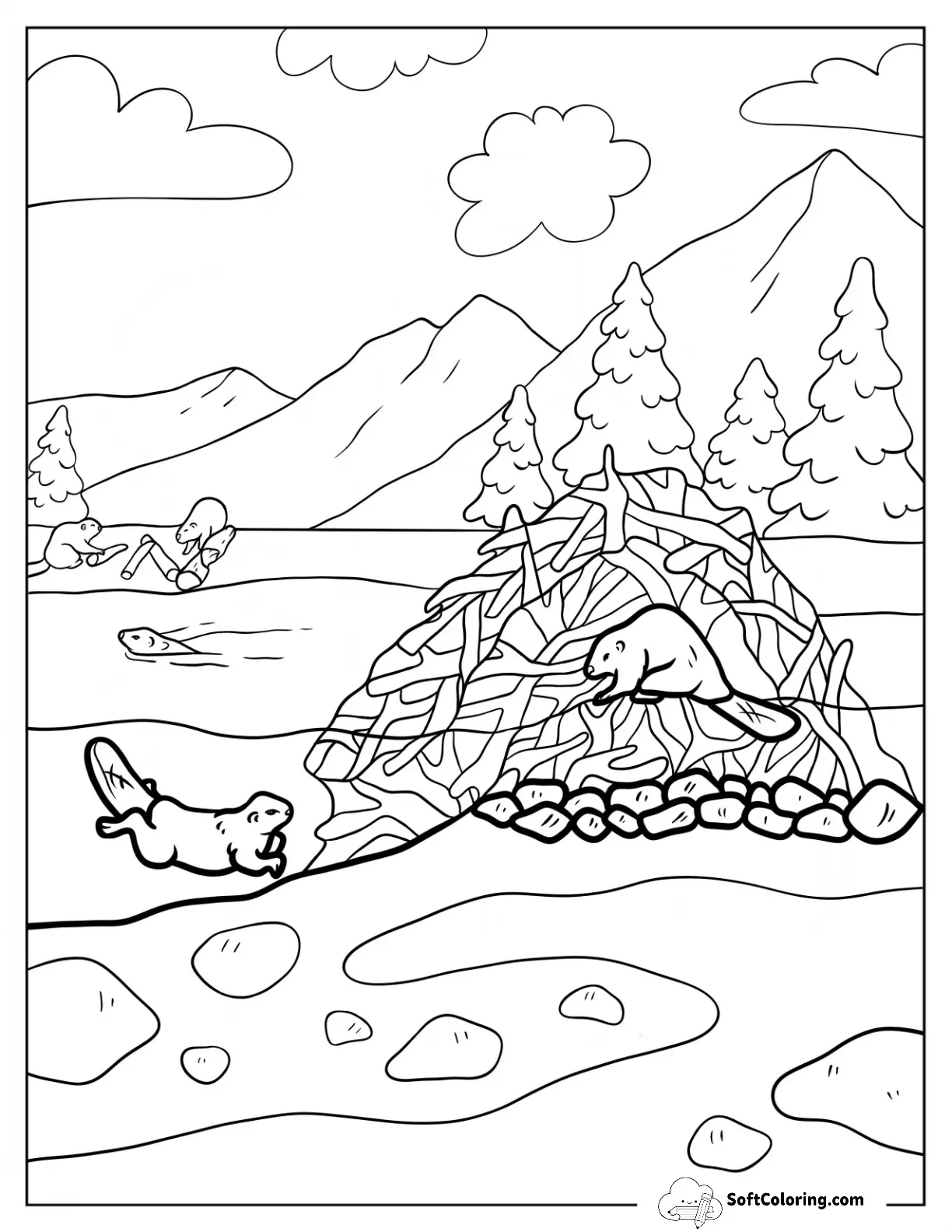 Beaver Coloring Page Building A Lodge In The River
