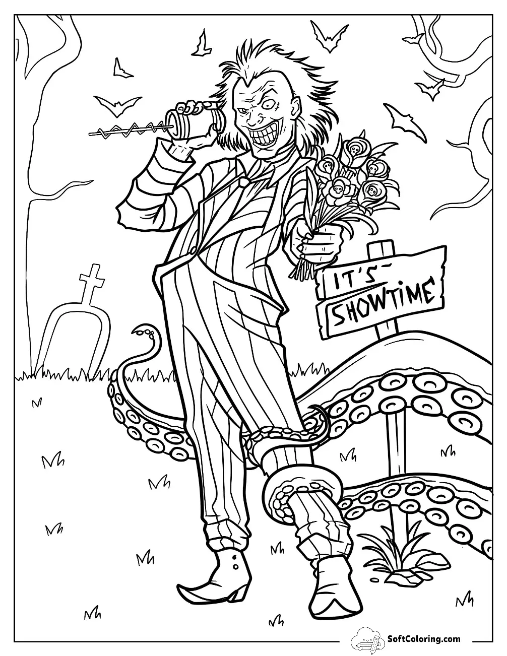 Beetlejuice Coloring Page Holding Flower Bouquet