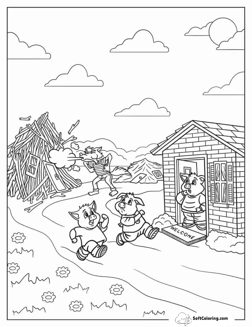 Big Bad Wolf Blowing Down Stick House Coloring In