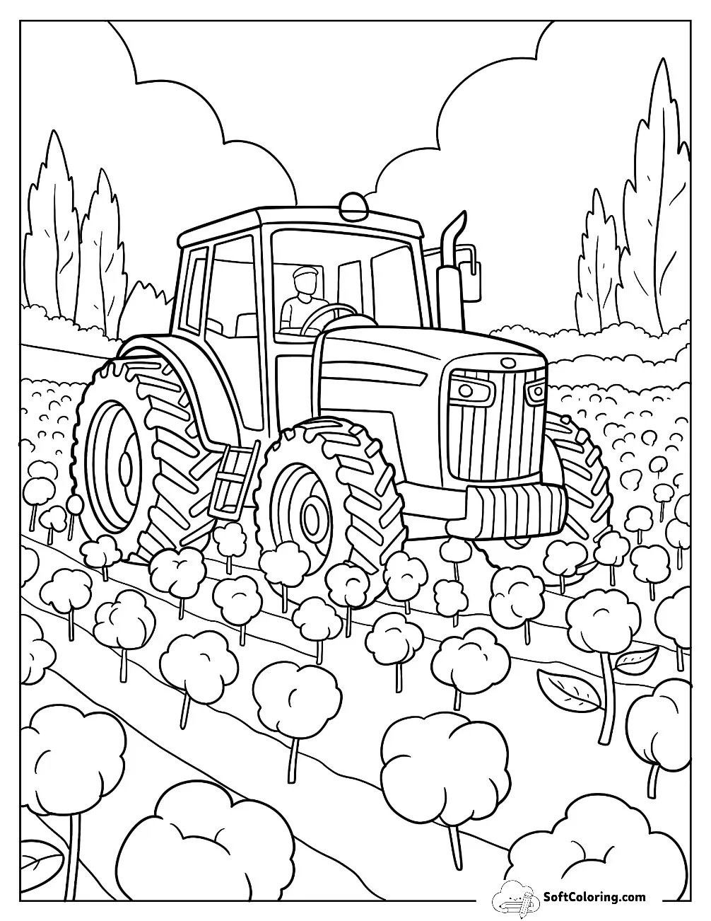 Big Farm Tractor Coloring Page Driving Through Crop Fields