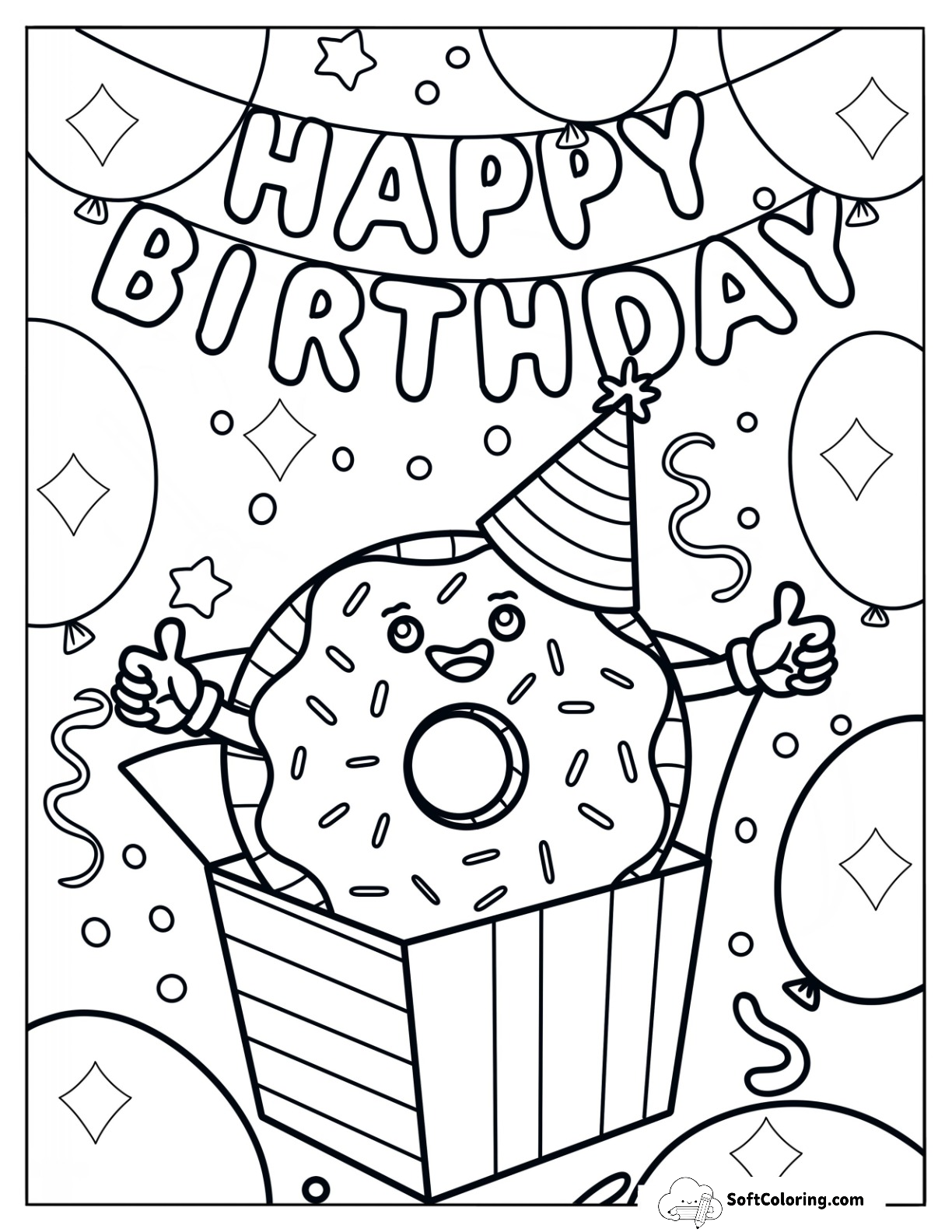 Birthday Donut Coloring Page Popping Out Of A Box