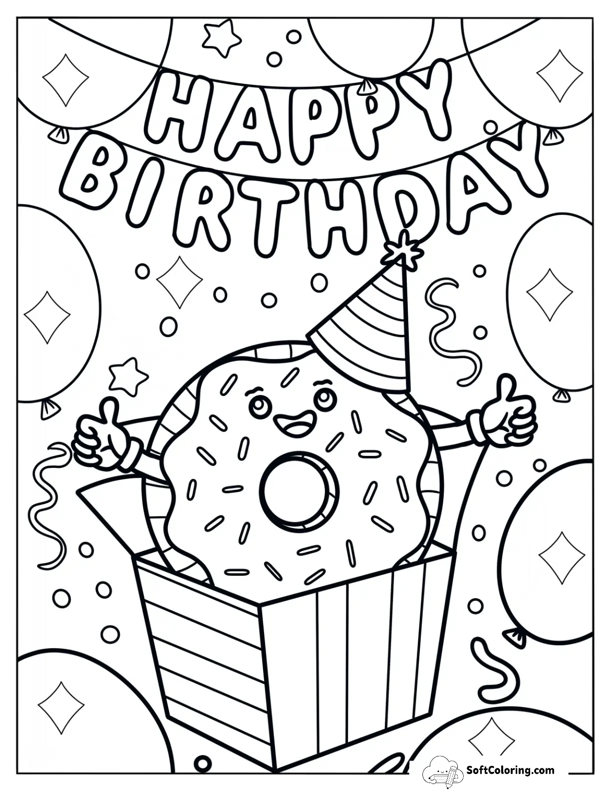 Birthday Donut Coloring Page Popping Out Of A Box