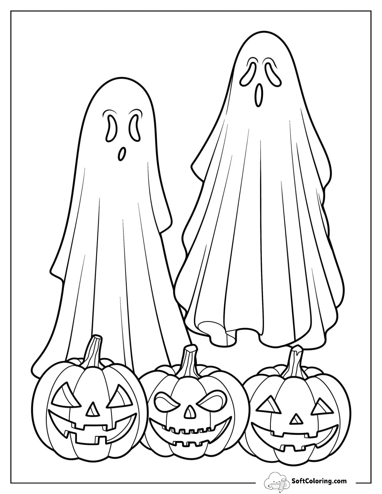 Blanket Ghosts Hovering Above Jack O Lanterns For Kids