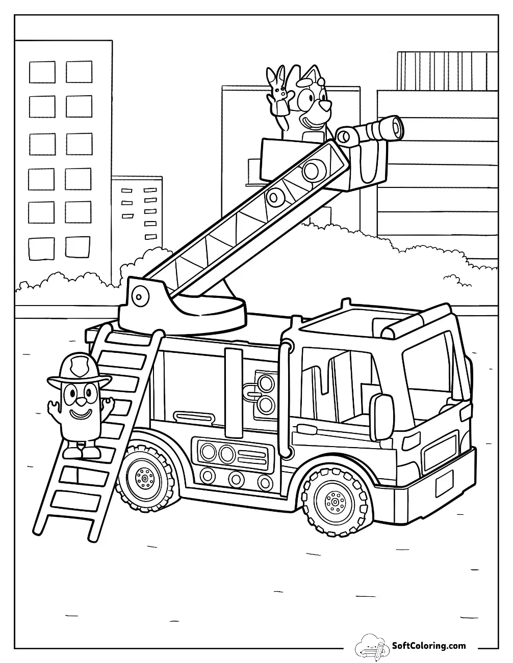 Bluey And Dad On A Fire Truck Coloring Page For Kids