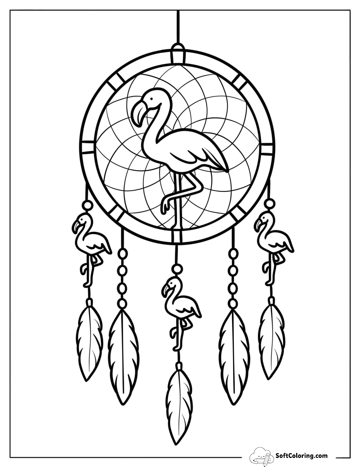 Boho Flamingo Dreamcatcher With Feathers Coloring Sheet