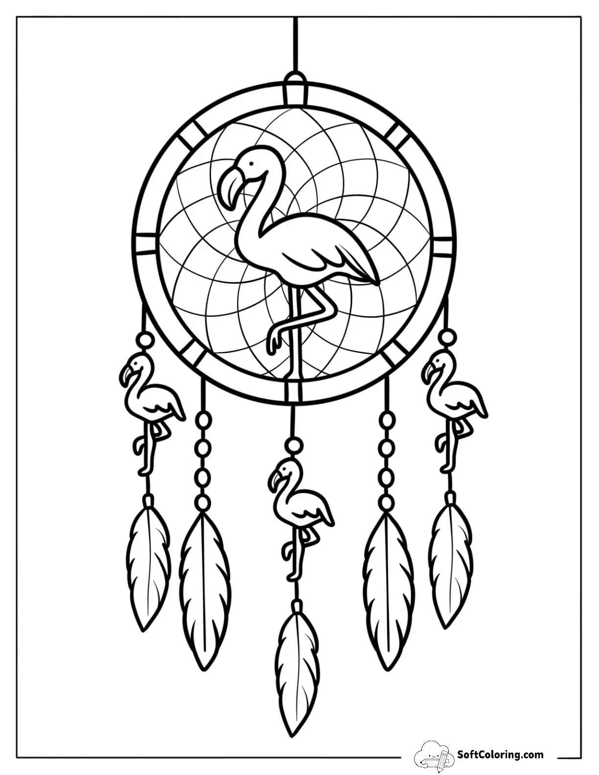 Boho Flamingo Dreamcatcher With Feathers Coloring Sheet