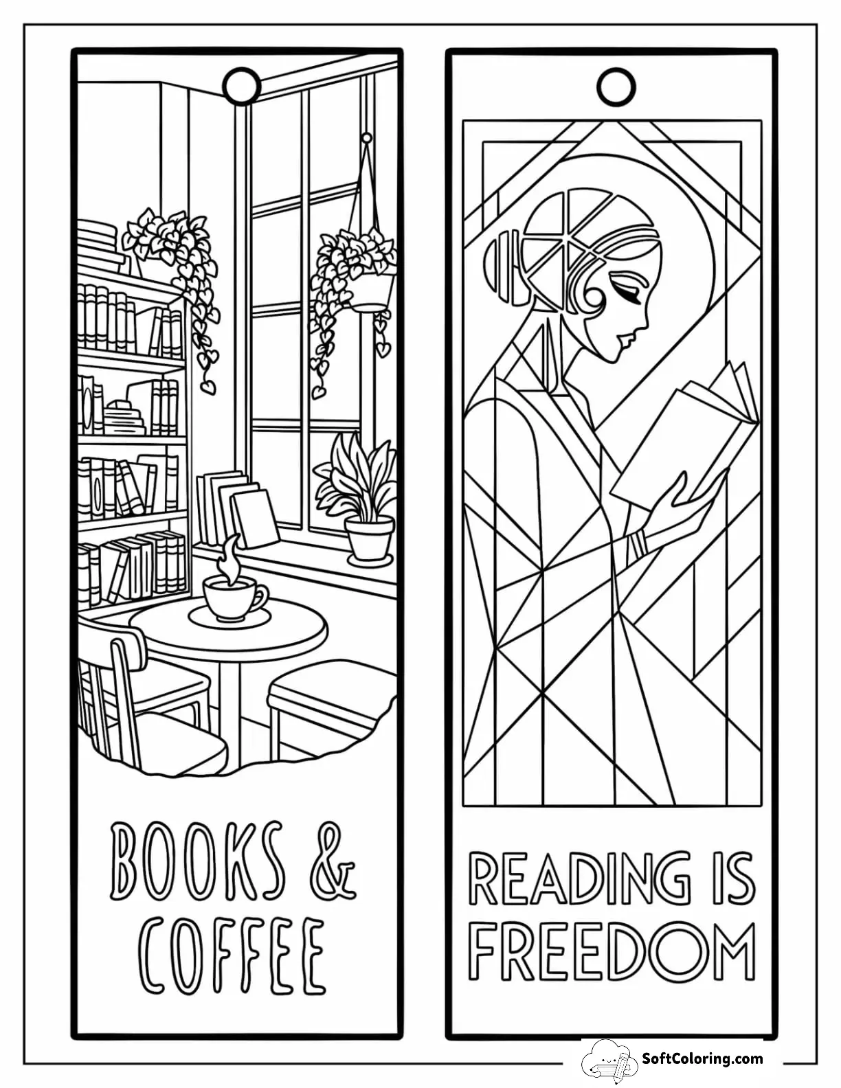 Books And Coffee Reading Nook And Woman Reading Bookmark Coloring Page
