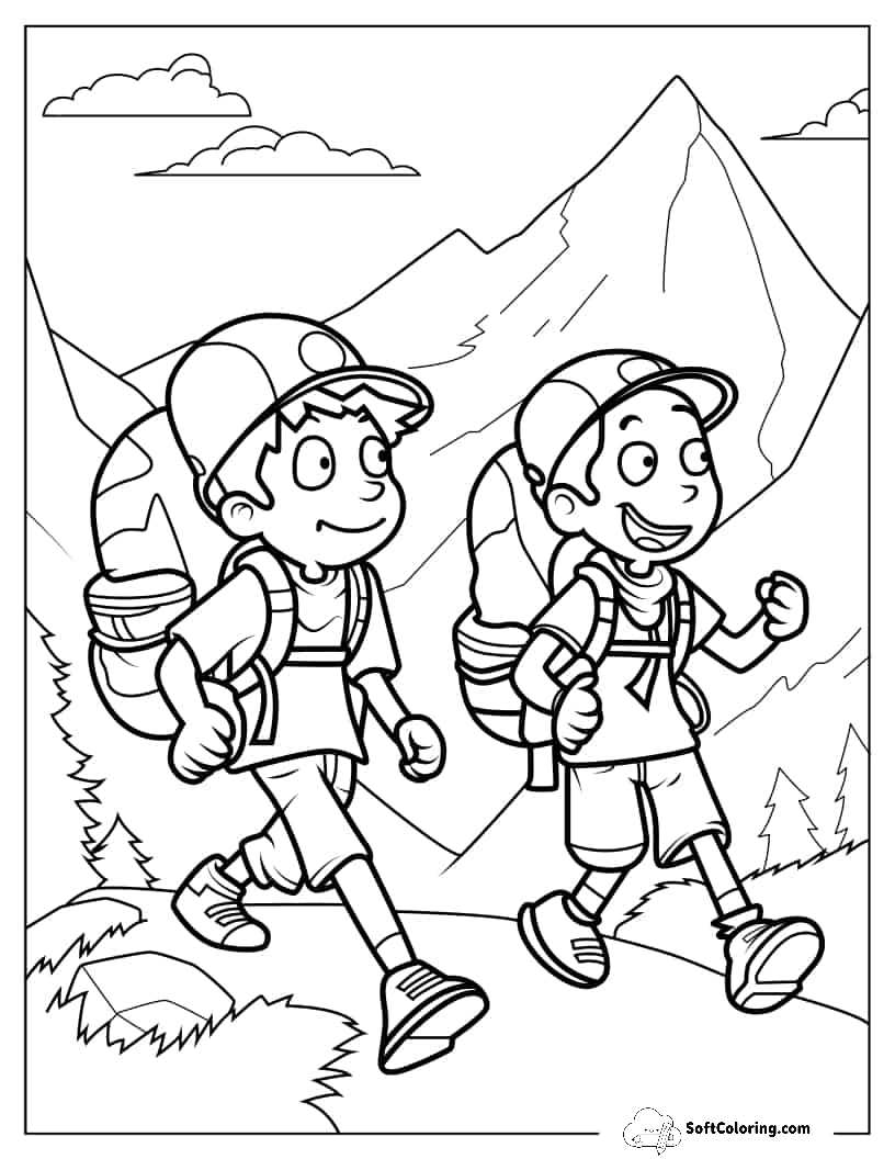 Boy Campers Walking In Forest Trail