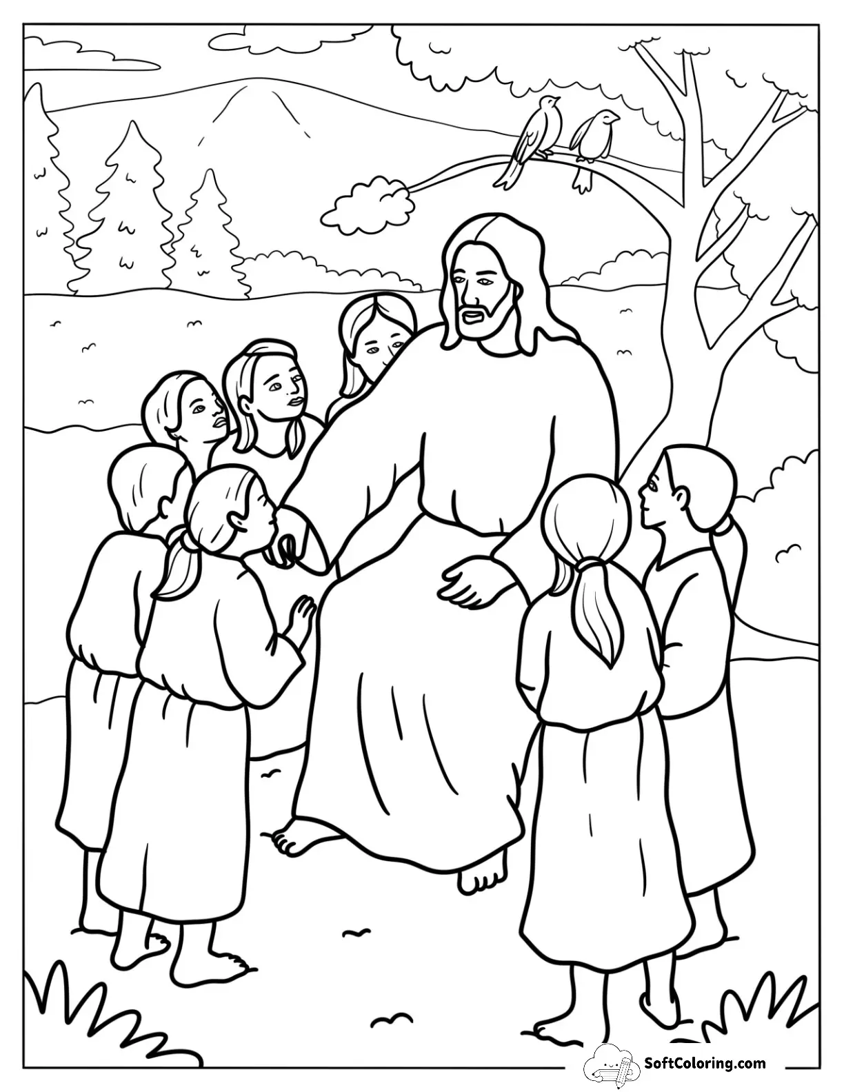 Boys And Girls Listening To Jesus Coloring Page