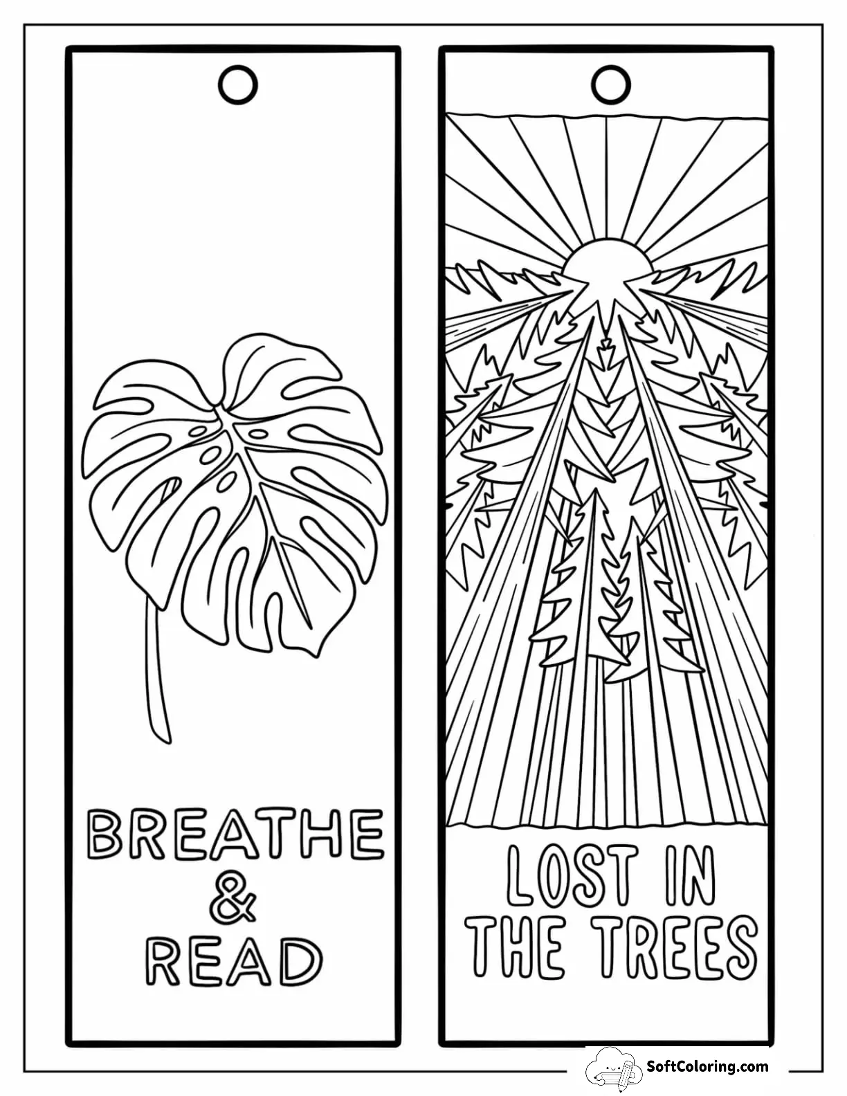 Breathe And Read Leaf And Forest Sunrise Bookmark Coloring Page
