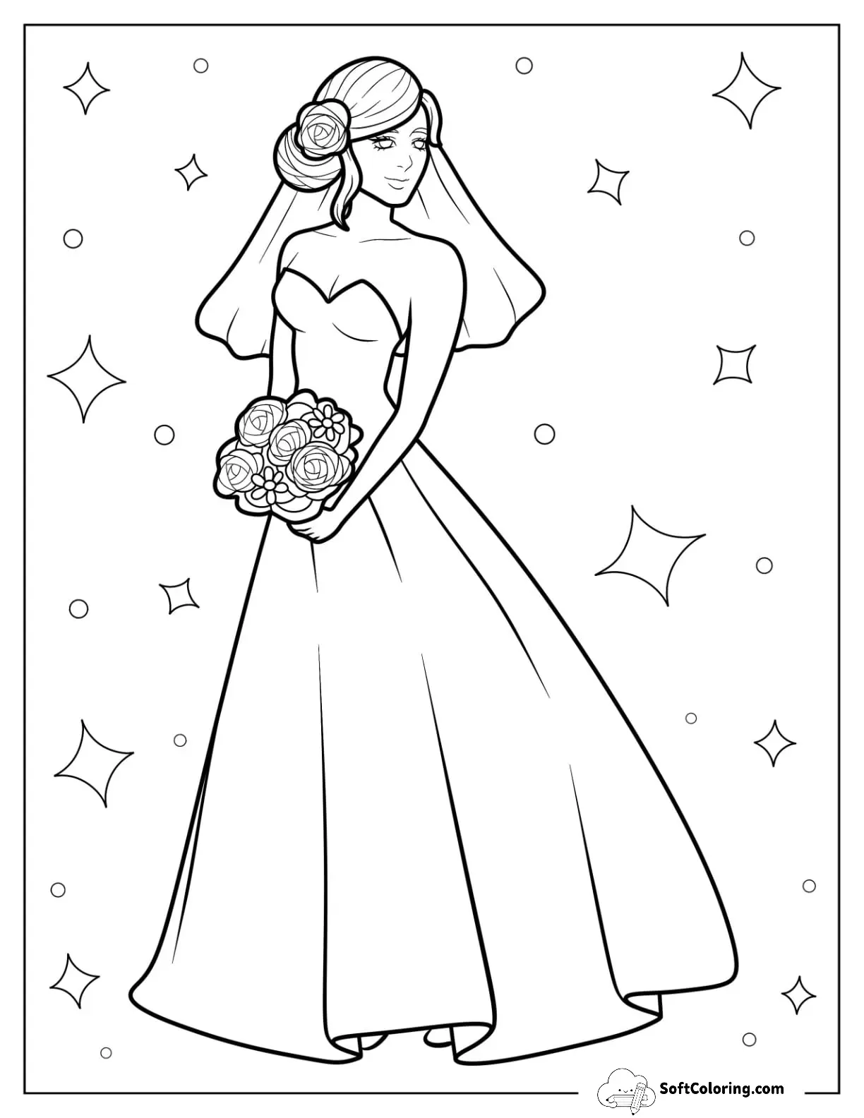 Bride Wearing Simple Dress Coloring Page With Short Veil