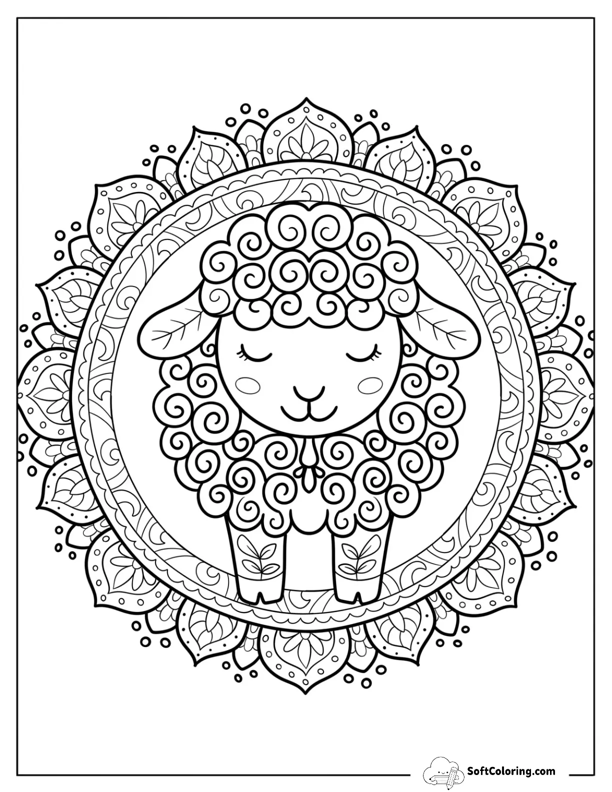 Calm Cartoon Sheep Centered In A Detailed Boho Mandala
