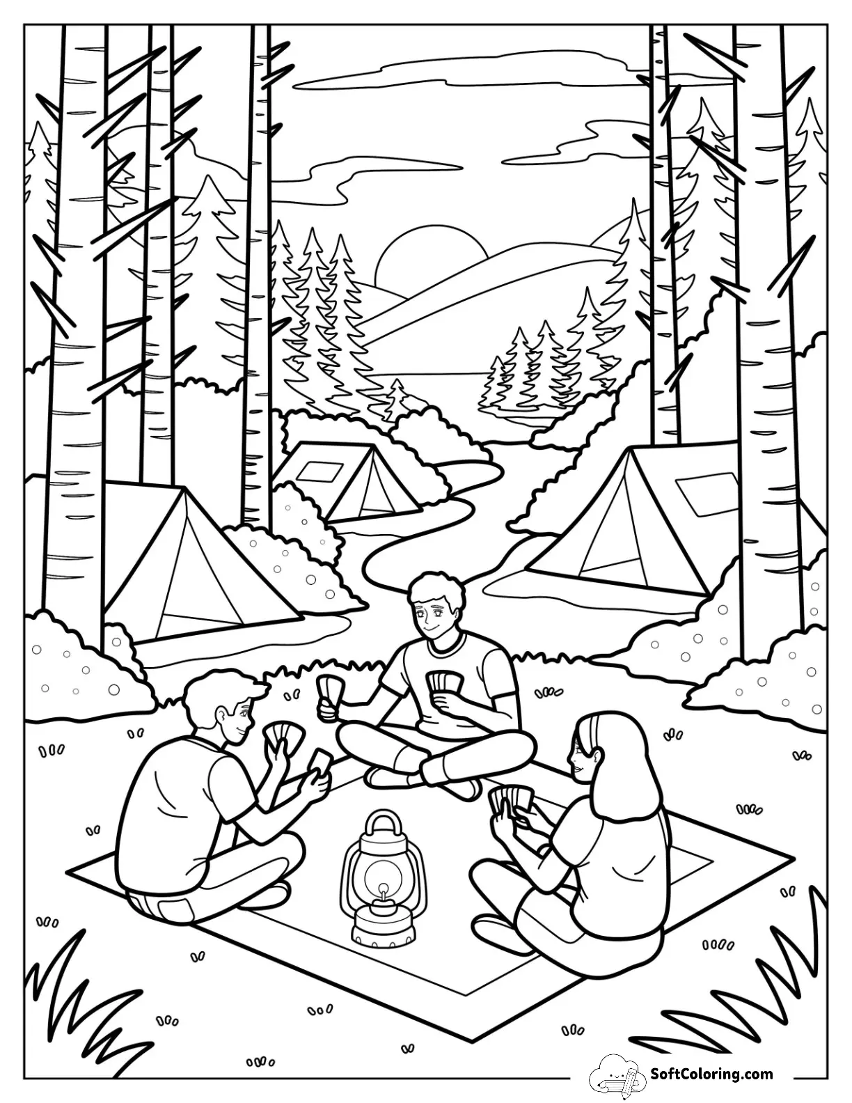 Playing Cards In Forest Campground At Sunset