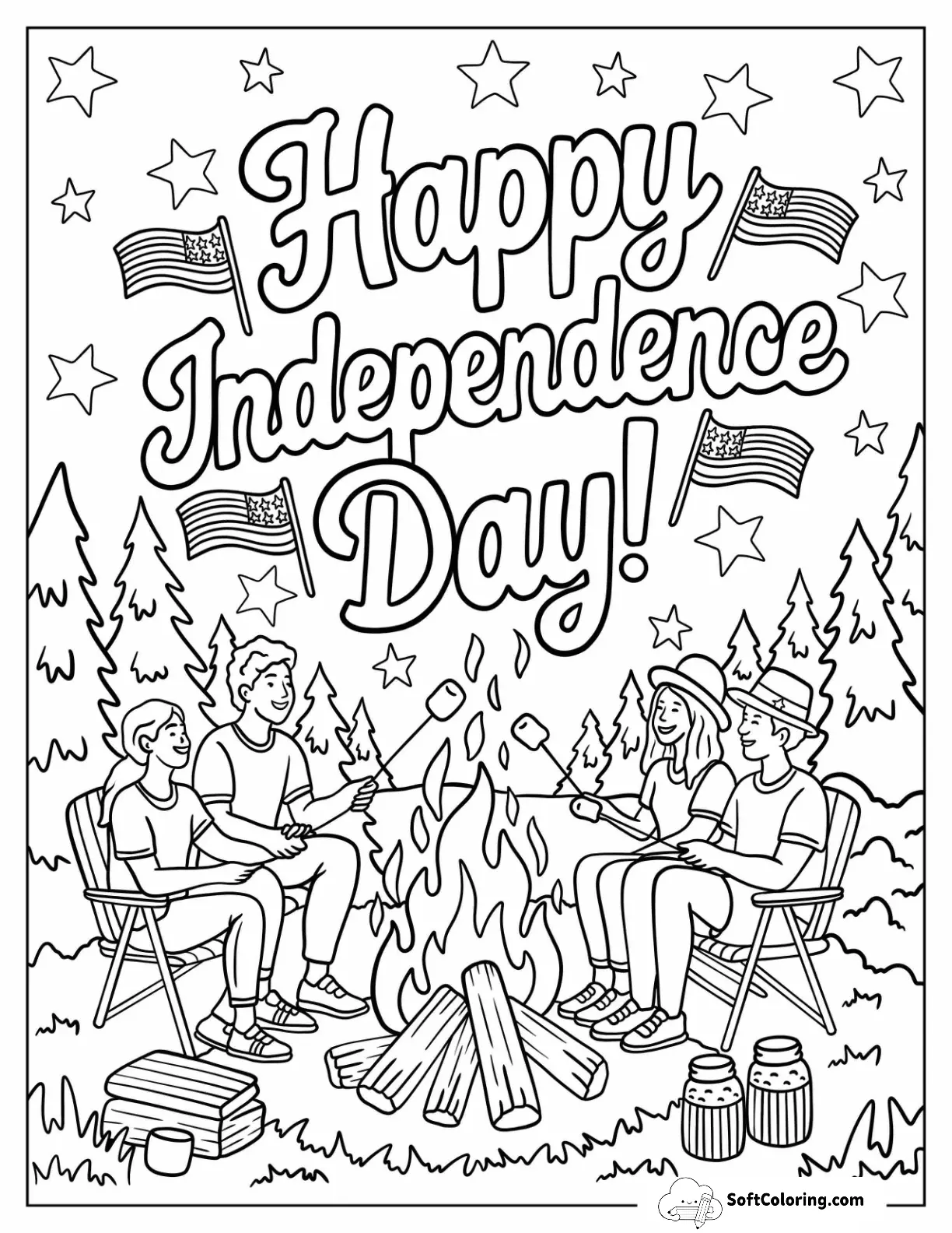 Campfire Gathering With Friends Celebrating Independence Day