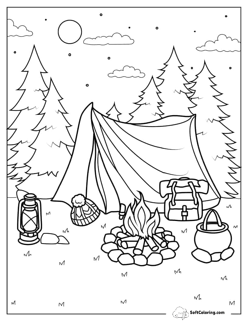 Camping Gear And Tent Around Bonfire