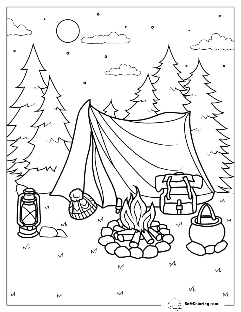 Camping Gear And Tent Around Bonfire